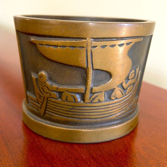 Aedel Malm Denmark Vintage 1960s Bronze Cup Votive Dish Viking Ship Marked - Picture 1 of 9